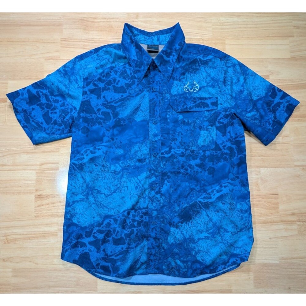 Realtree Fishing Shirt Mens Large Blue Camo Button Short Sleeve Pocket